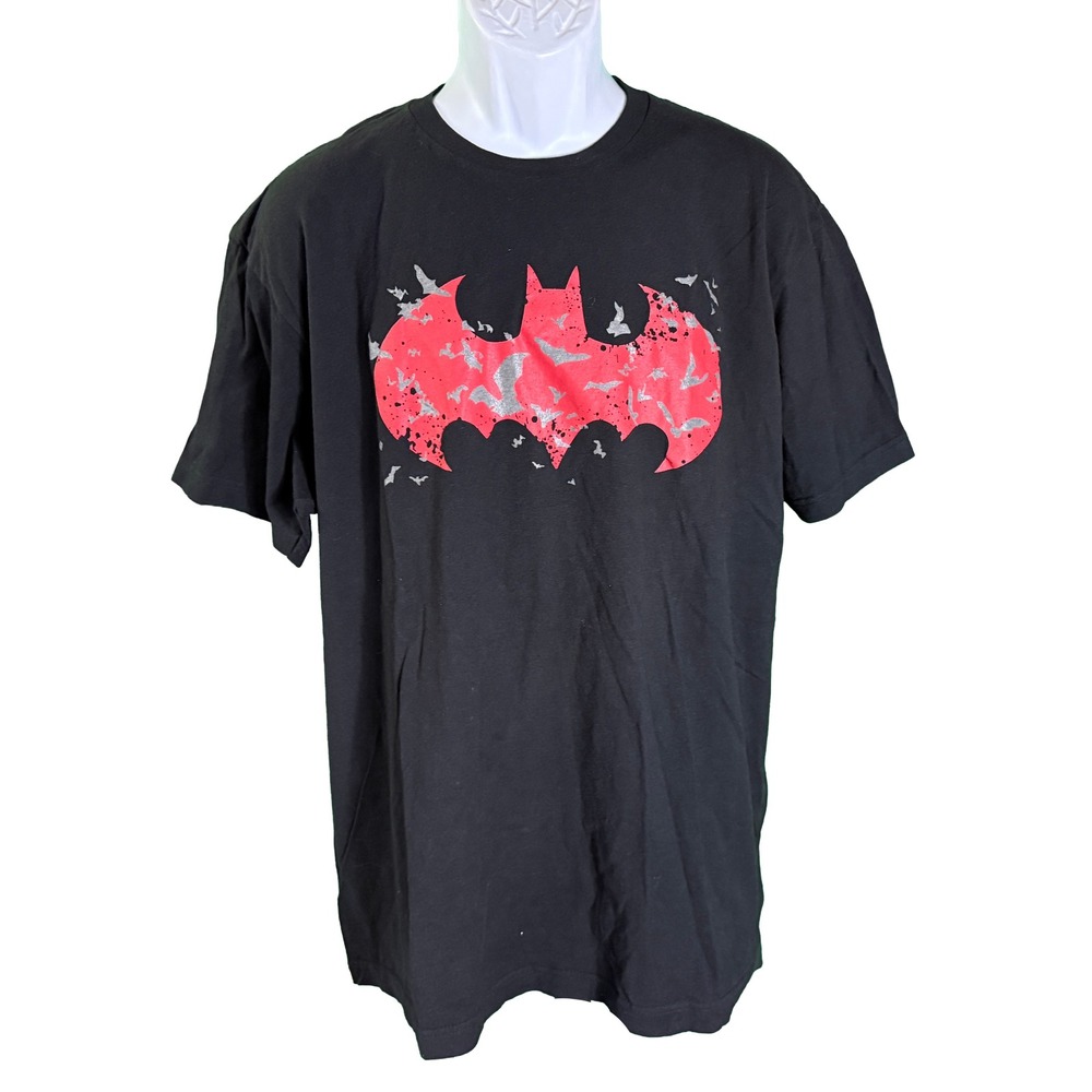 DC Comics Batman T-Shirt Mens XL Black Red Silver Foil Bat Logo Graphic Tee